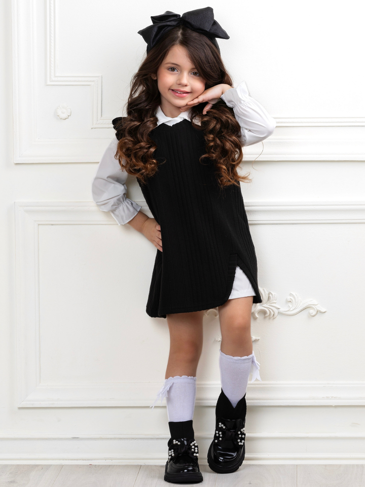 Black Ribbed Knit Ruffle Sleeve Dress with White Collar Shirt