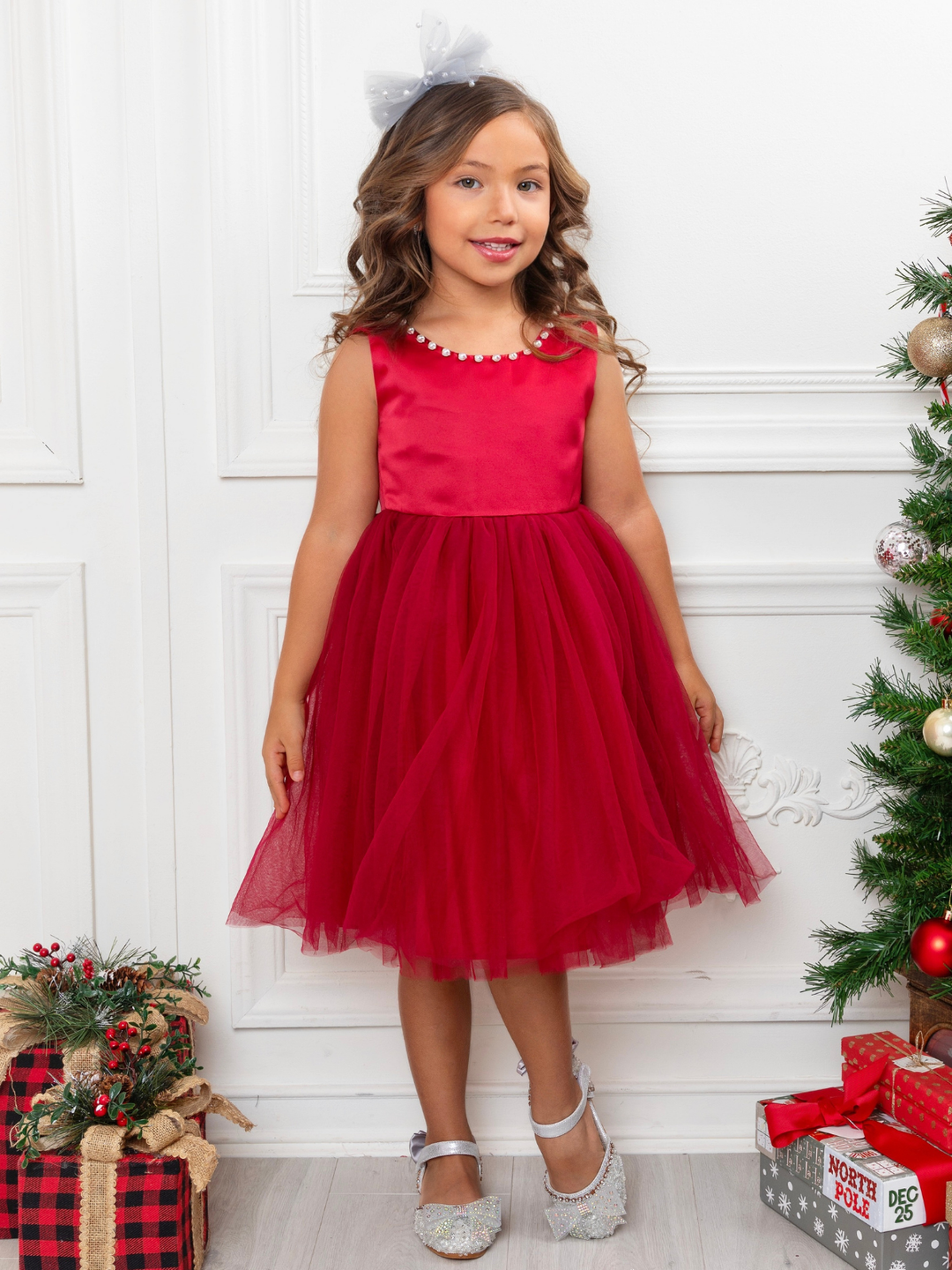 Pearl-Trim Big Bow Tulle Princess Dress
