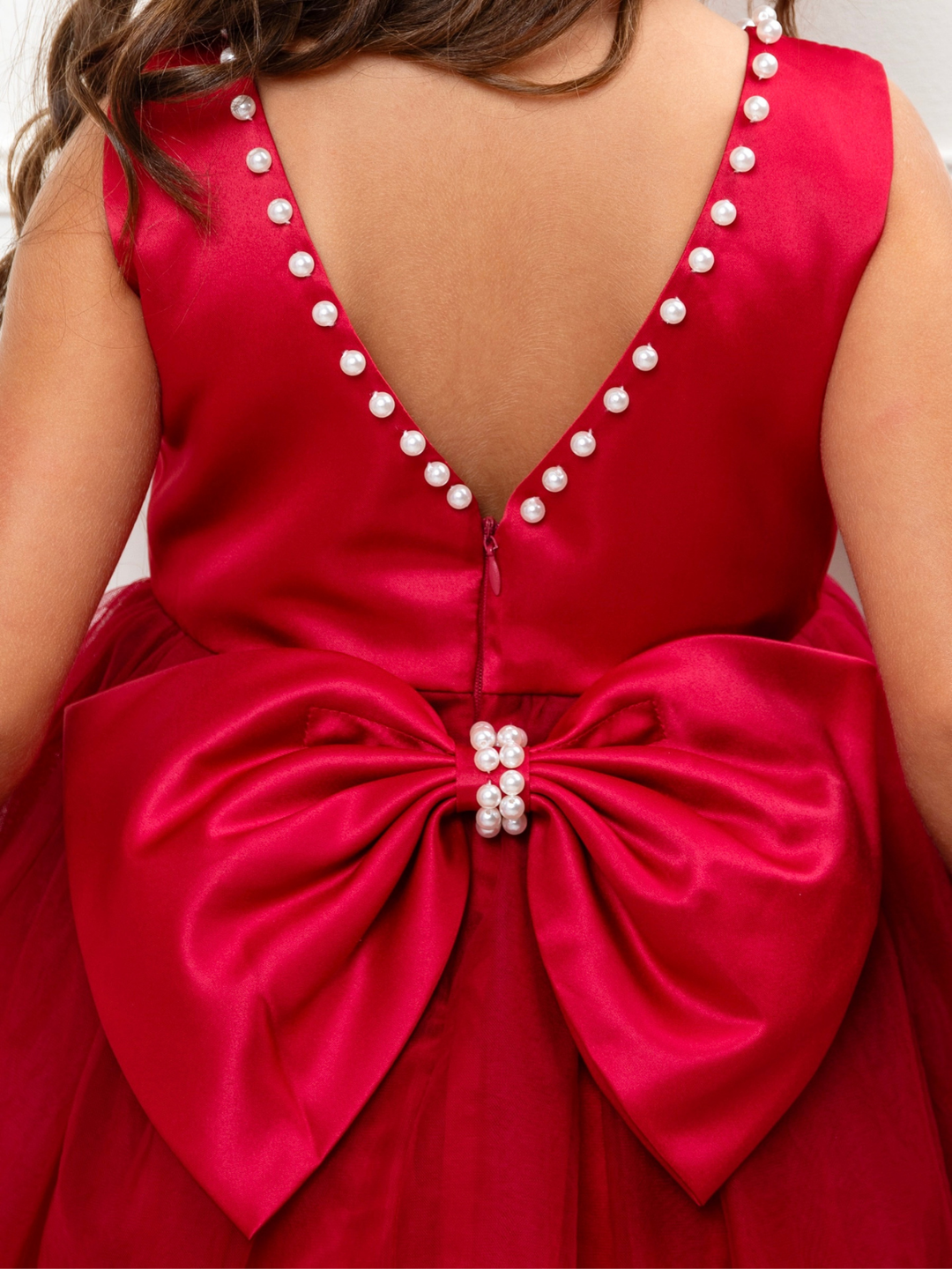 Pearl-Trim Big Bow Tulle Princess Dress