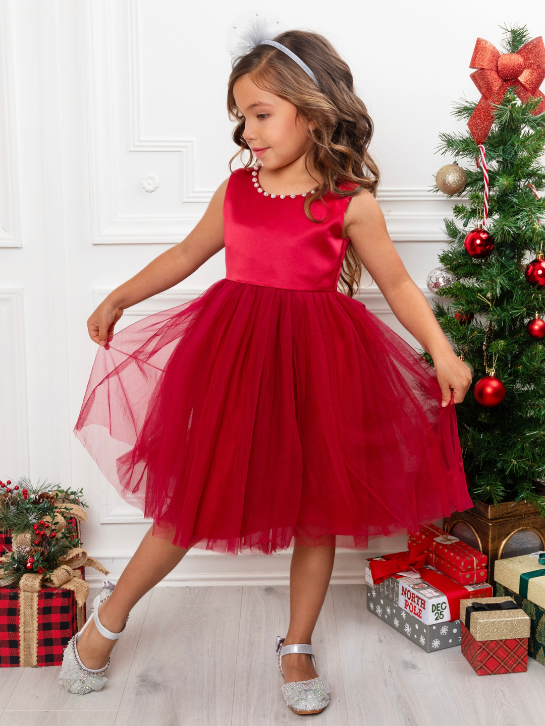 Pearl-Trim Big Bow Tulle Princess Dress