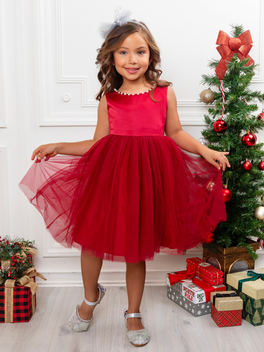 Pearl-Trim Big Bow Tulle Princess Dress