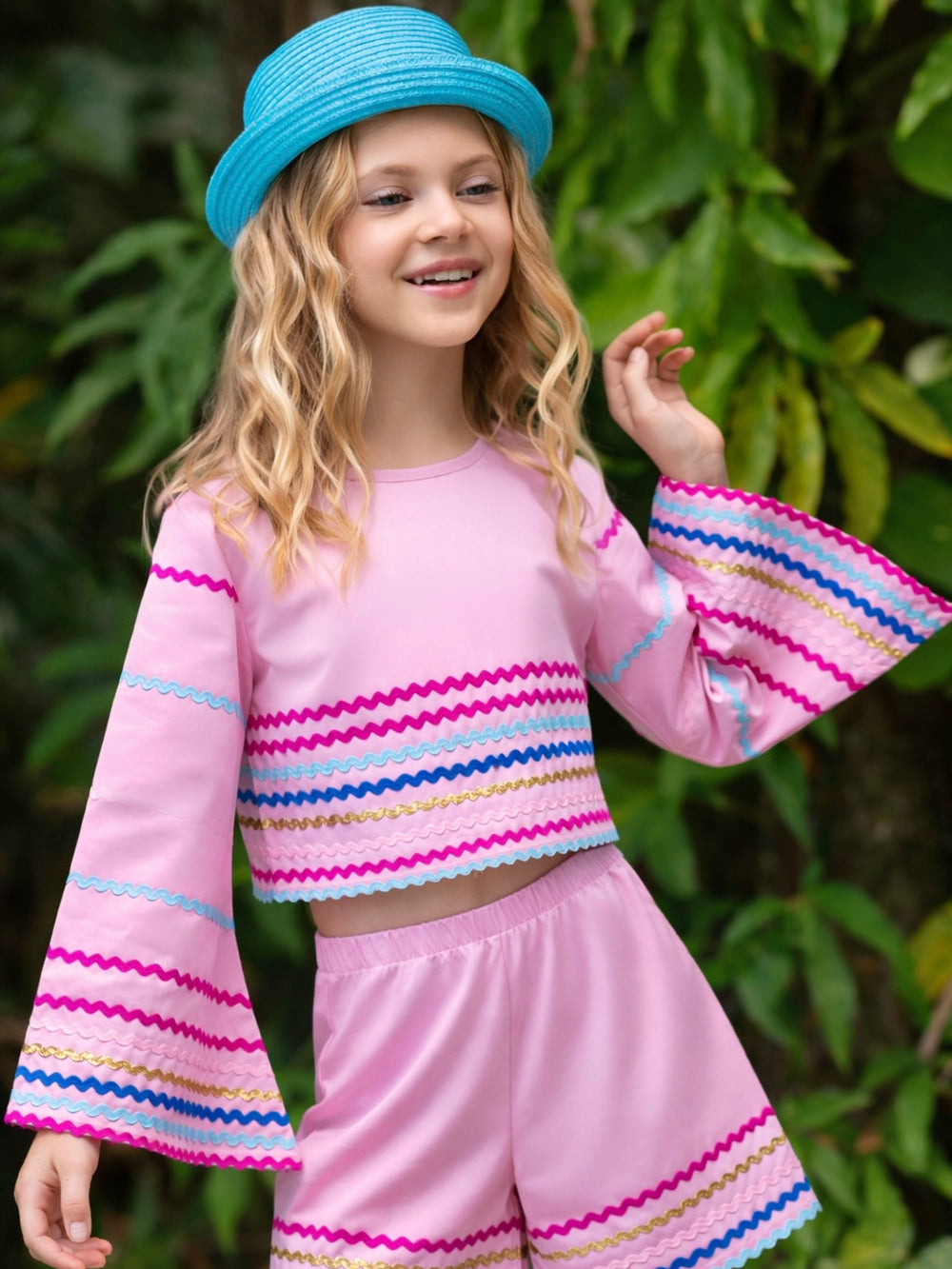Sunset Waves Luxe Cotton Bell Sleeve Top and Short Set Mia Belle Girls