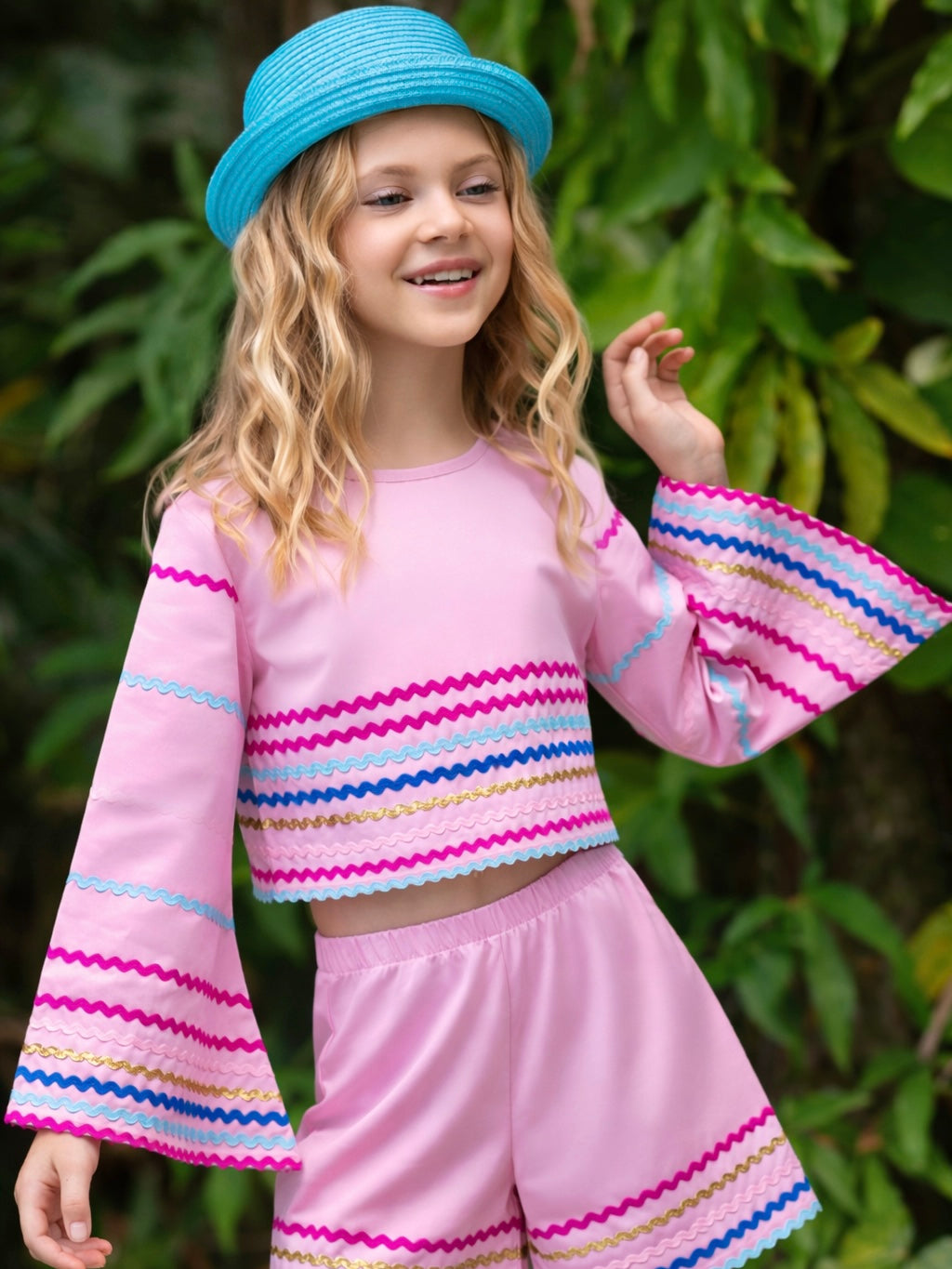 Sunset Waves Luxe Cotton Bell Sleeve Top and Short Set Mia Belle Girls