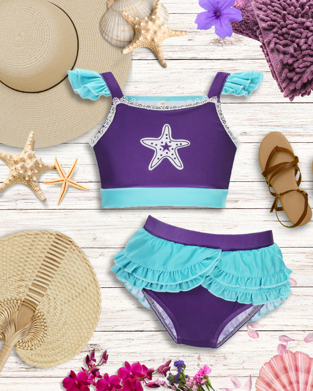 Two Piece Toddler Swimsuits | Girls Purple Sea Star Two Piece Swimsuit