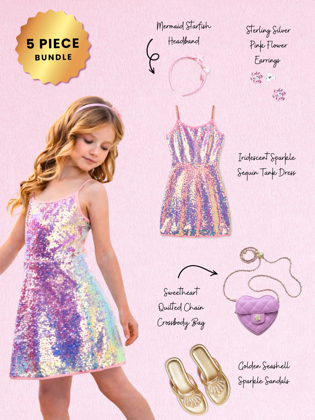 Iridescent Sparkle Sequin Tank Dress Complete Look 5-Piece Set Mia Belle Girls