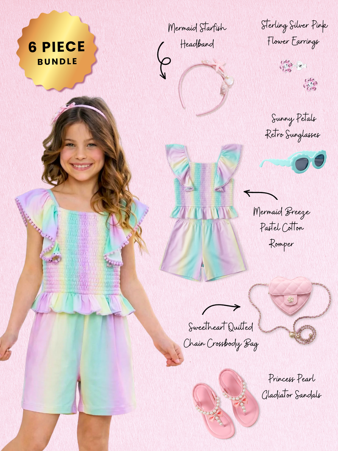 Mermaid Breeze Pastel Cotton Romper Complete Look 4-Piece Set Mia Belle Girls