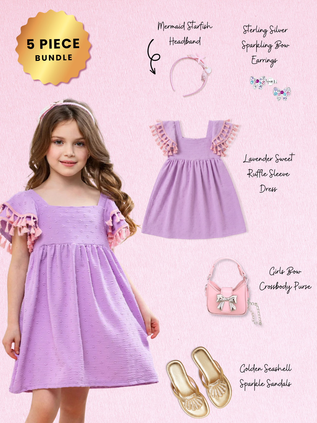 Lavender Sweet Ruffle Sleeve Dress Complete Look 5-Piece Set Mia Belle Girls