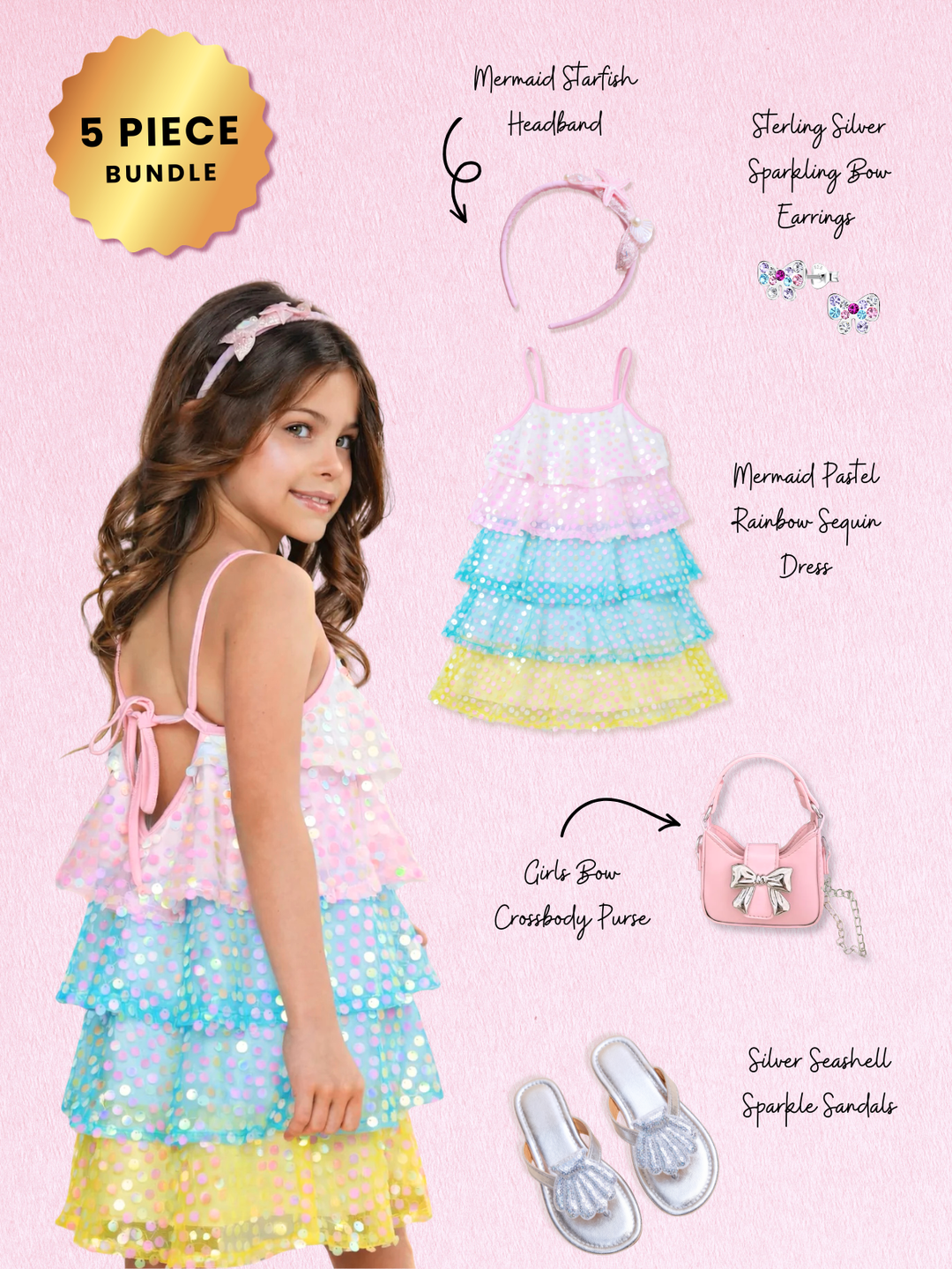 Pastel Rainbow Sequin Dress Complete Look 5-Piece Set Mia Belle Girls