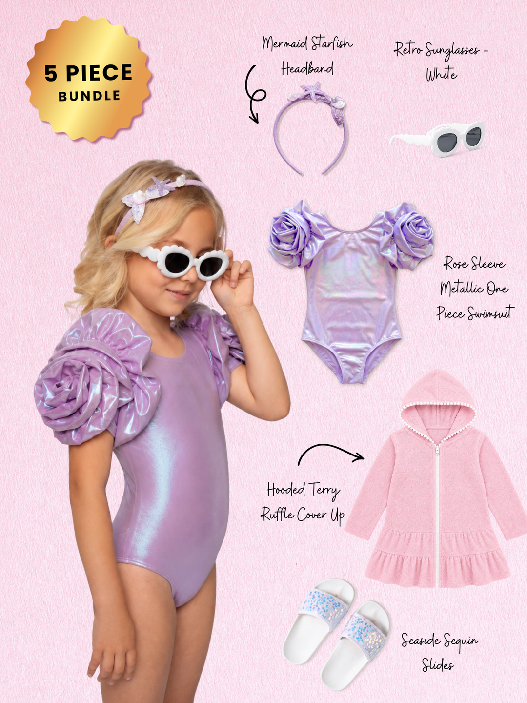 Metallic Purple Mermaid Swimsuit Complete Beach Look 5-Piece Set Mia Belle Girls