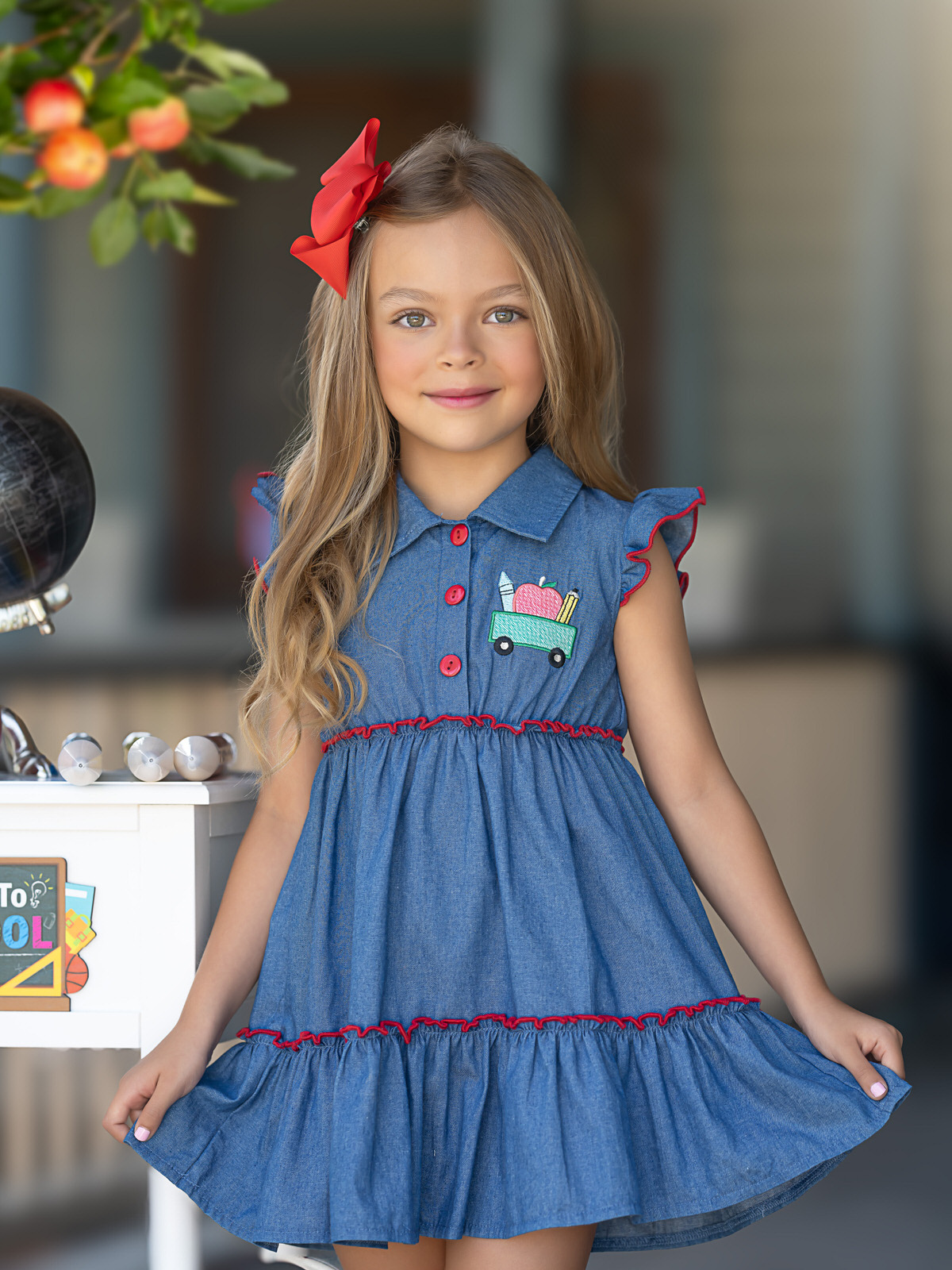Mia Belle Girls Ruffle Trim Denim Dress | Back To School Dresses