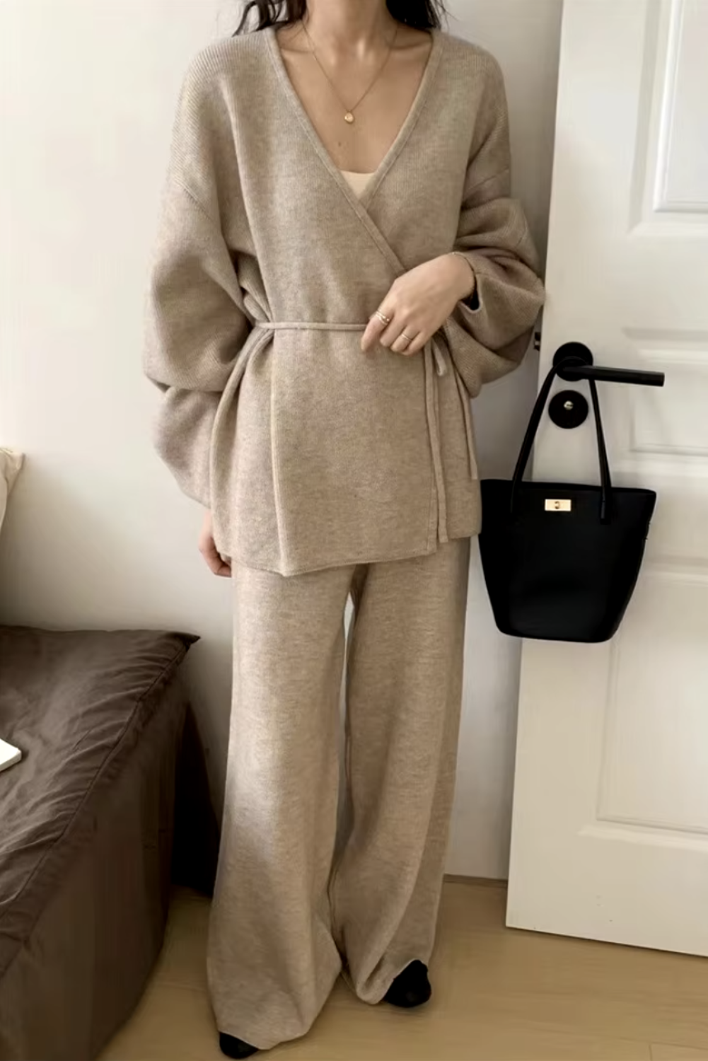 Womens Cozy Chic Knit Wrap Sweater Wide-Leg Pants Set – Mia