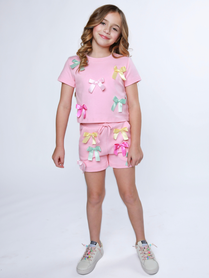 Playful Pastel Bow Top and Short Set Mia Belle Girls
