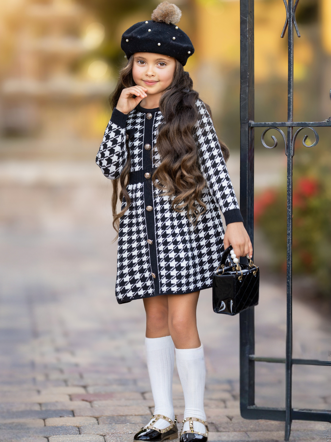 Elegant Houndstooth Gold Trim Button Knit Dress Elegant Houndstooth Gold Trim Button Knit Dress