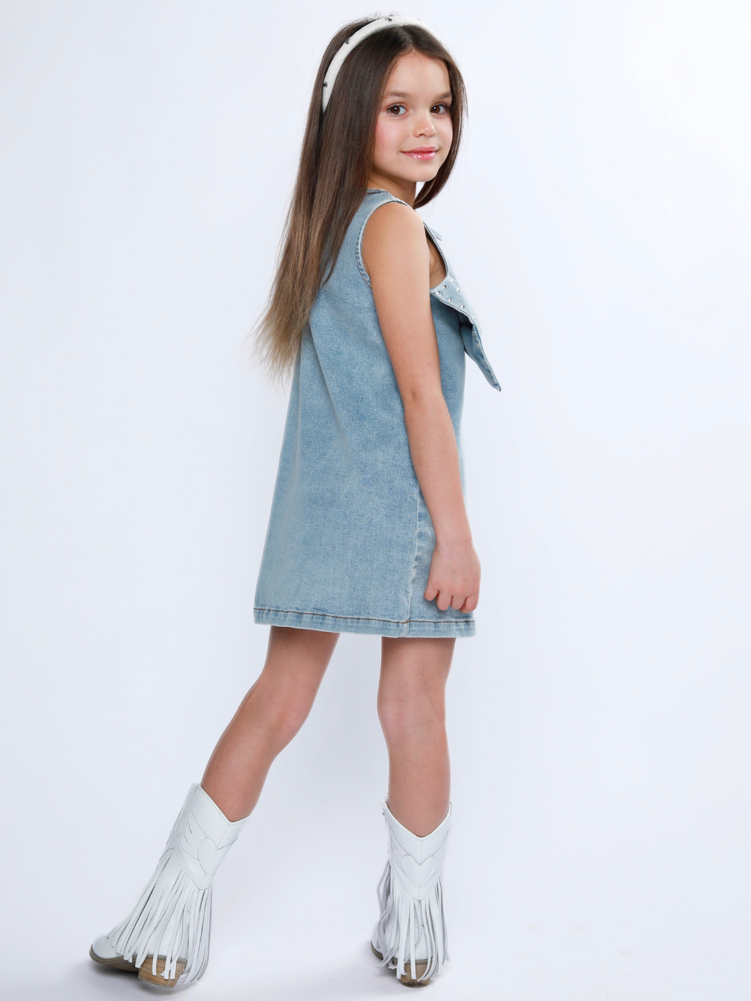 Chic Bow Rhinestone Denim Shift Dress Mia Belle Girls