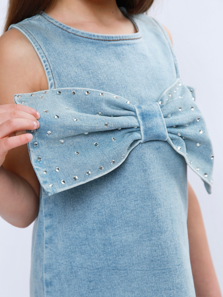 Chic Bow Rhinestone Denim Shift Dress Mia Belle Girls