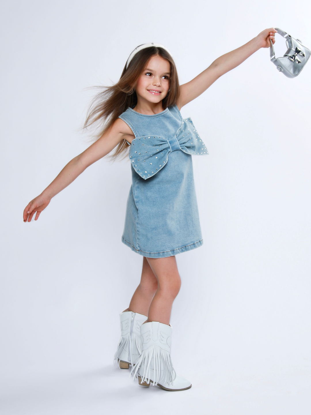 Chic Bow Rhinestone Denim Shift Dress Mia Belle Girls