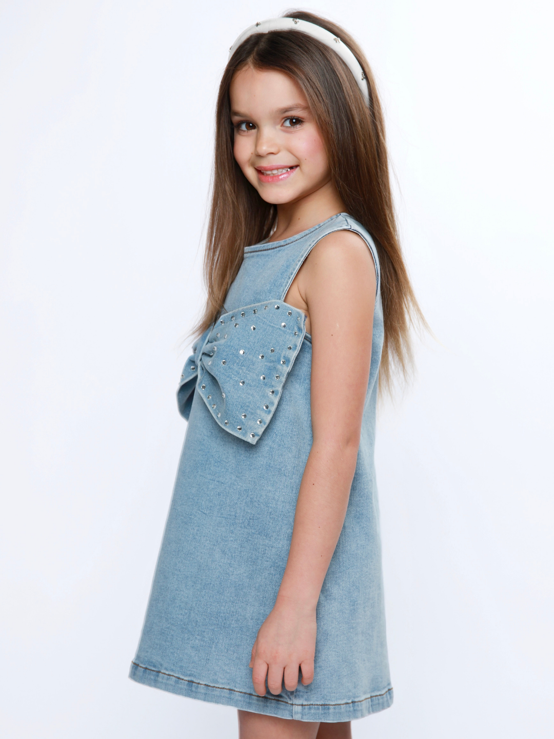Chic Bow Rhinestone Denim Shift Dress Mia Belle Girls