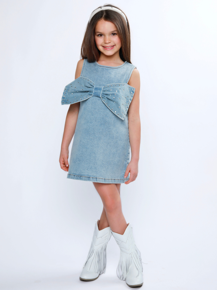 Chic Bow Rhinestone Denim Shift Dress Mia Belle Girls