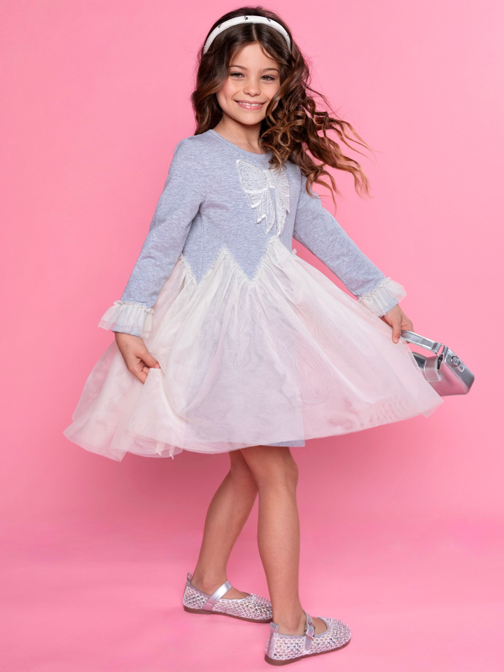 Grey and ivory girls dress styled for parties and celebrations