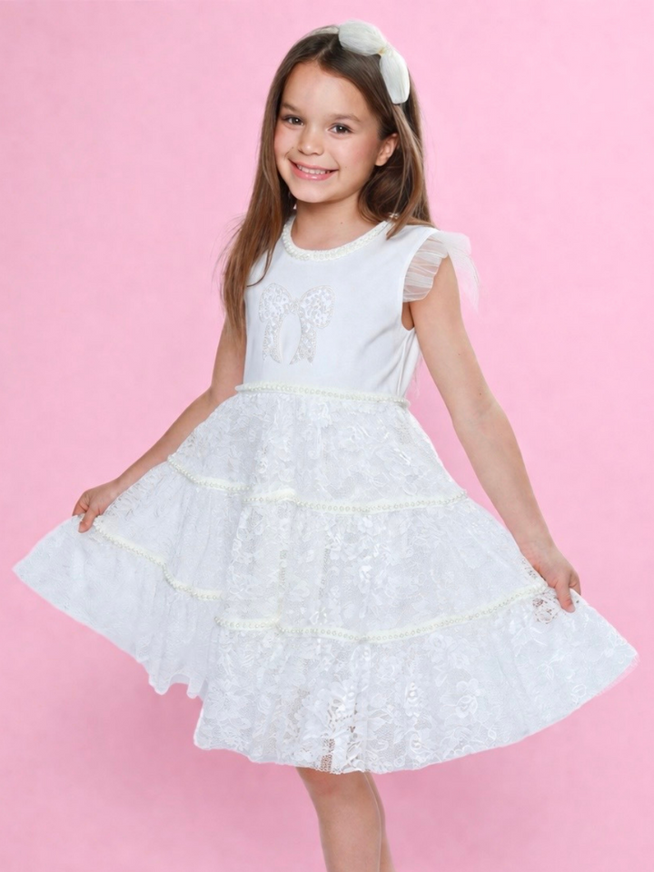 Girls ivory lace dress with pearl trim and layered skirt