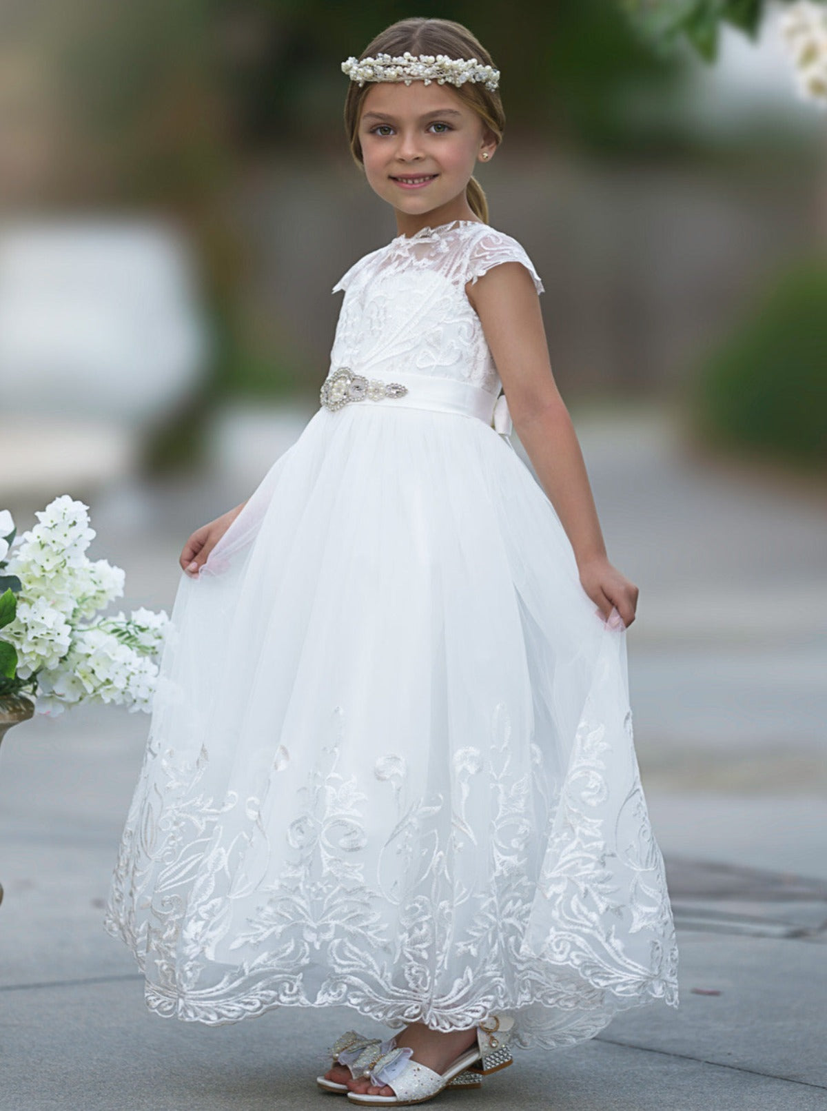 Mia Belle Girls Communion Dresses | Embroidered Crystal Gown