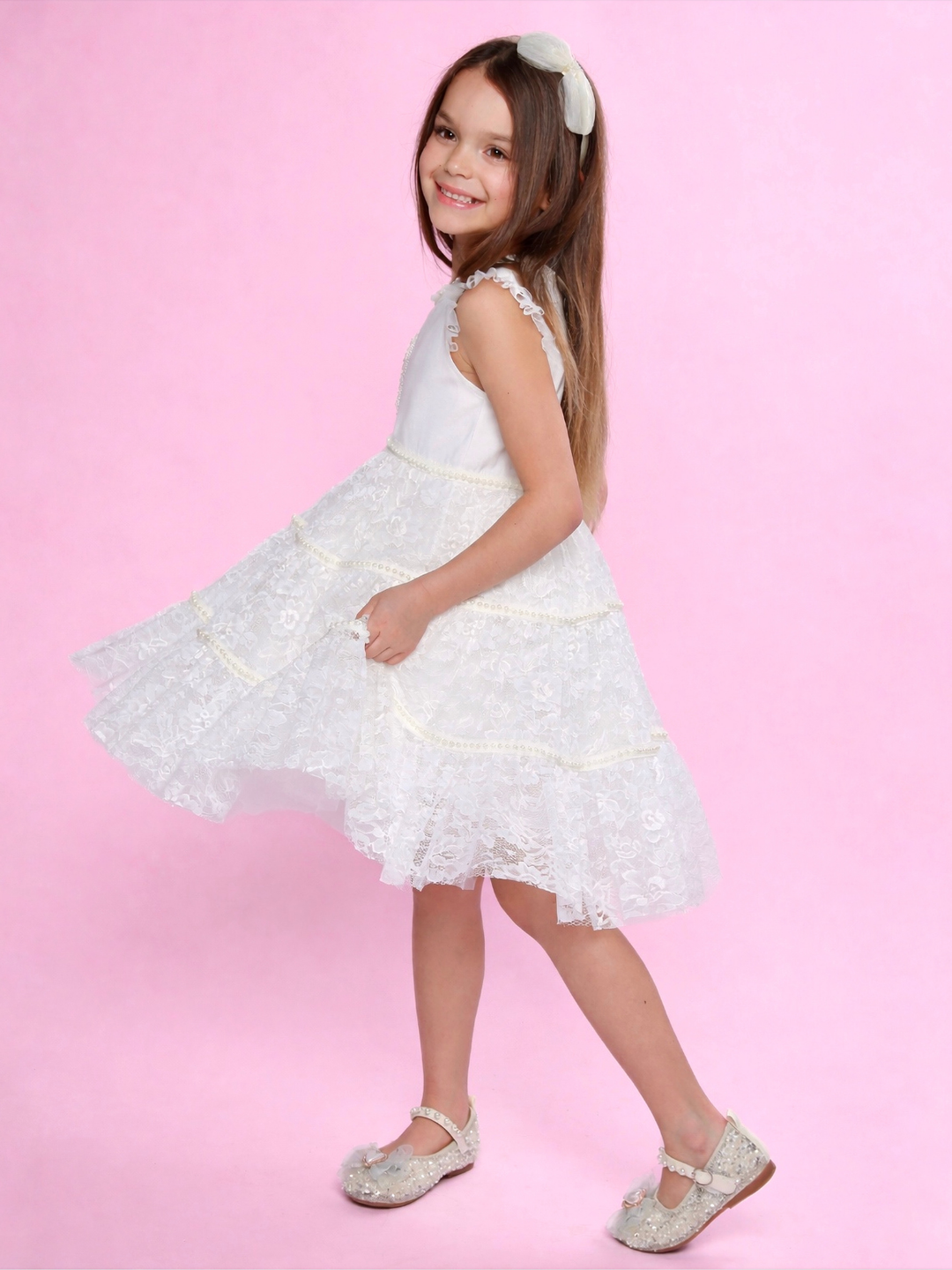 Girls formal ivory dress with pearl accents and lace skirt
