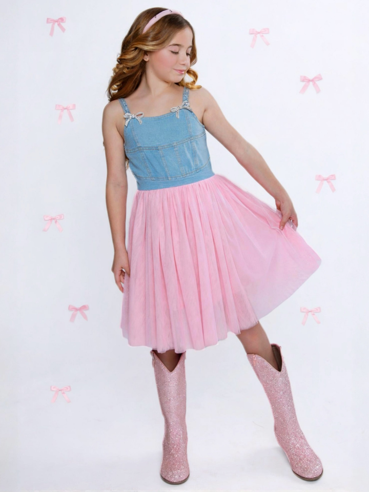Sparkle Denim Bow Tulle Dress Mia Belle Girls