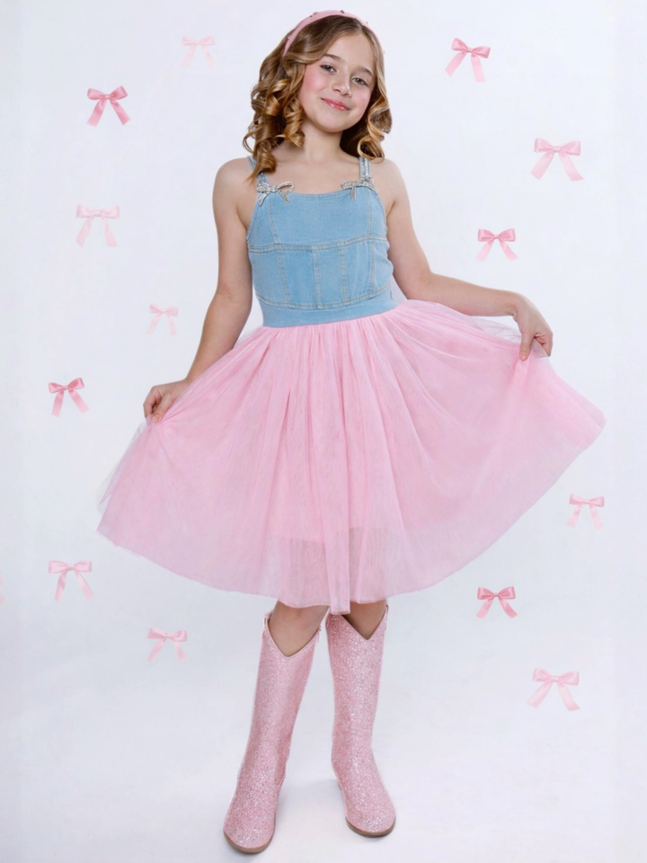 Sparkle Denim Bow Tulle Dress Mia Belle Girls