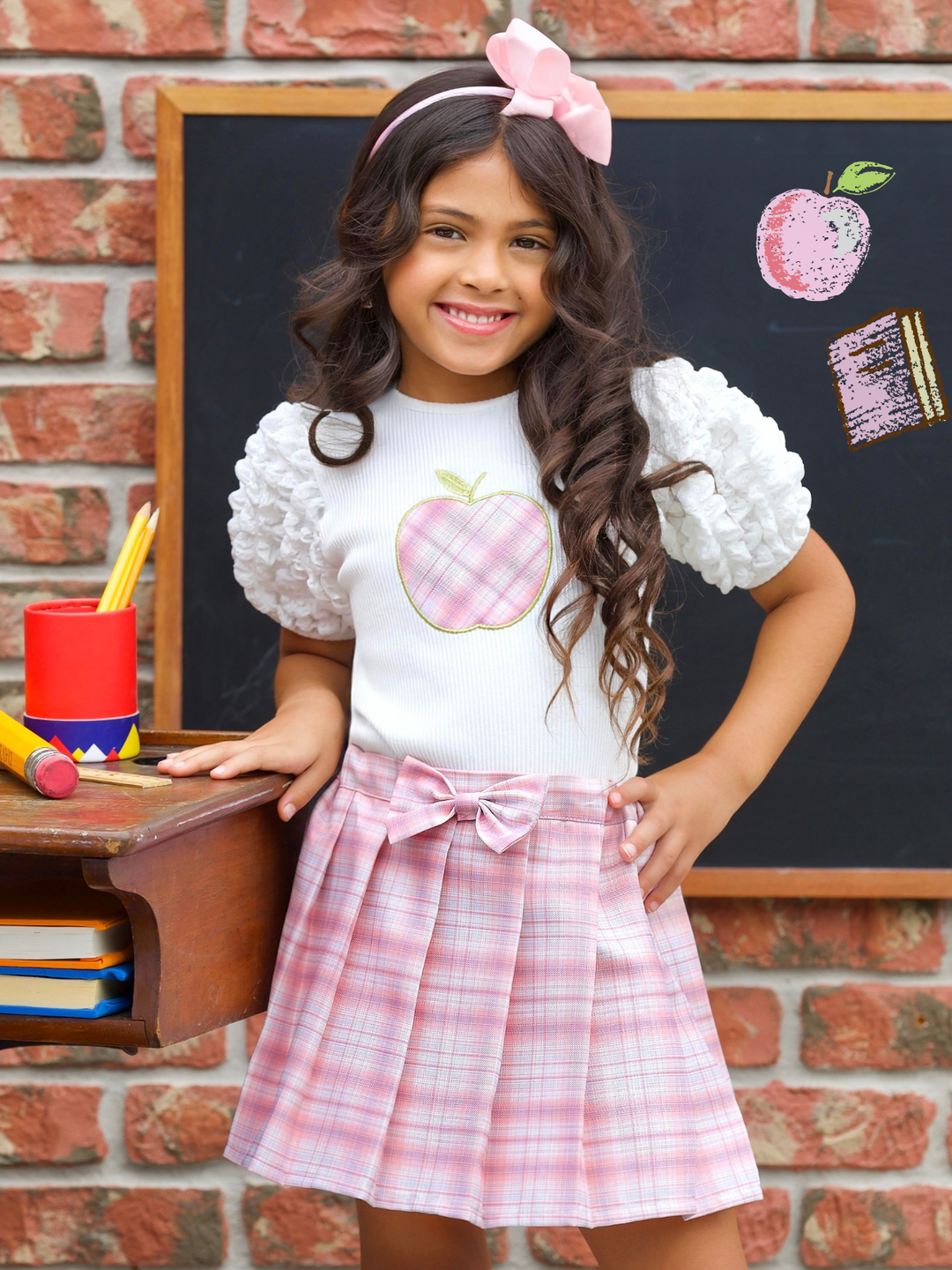 Smarty Apple Puff Sleeve Top Pleated Plaid Skirt Set – Mia Belle