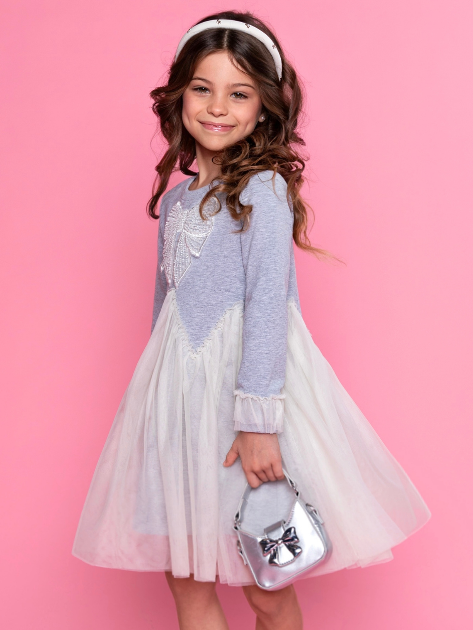 Girls grey and ivory tulle dress with sequin bow detail