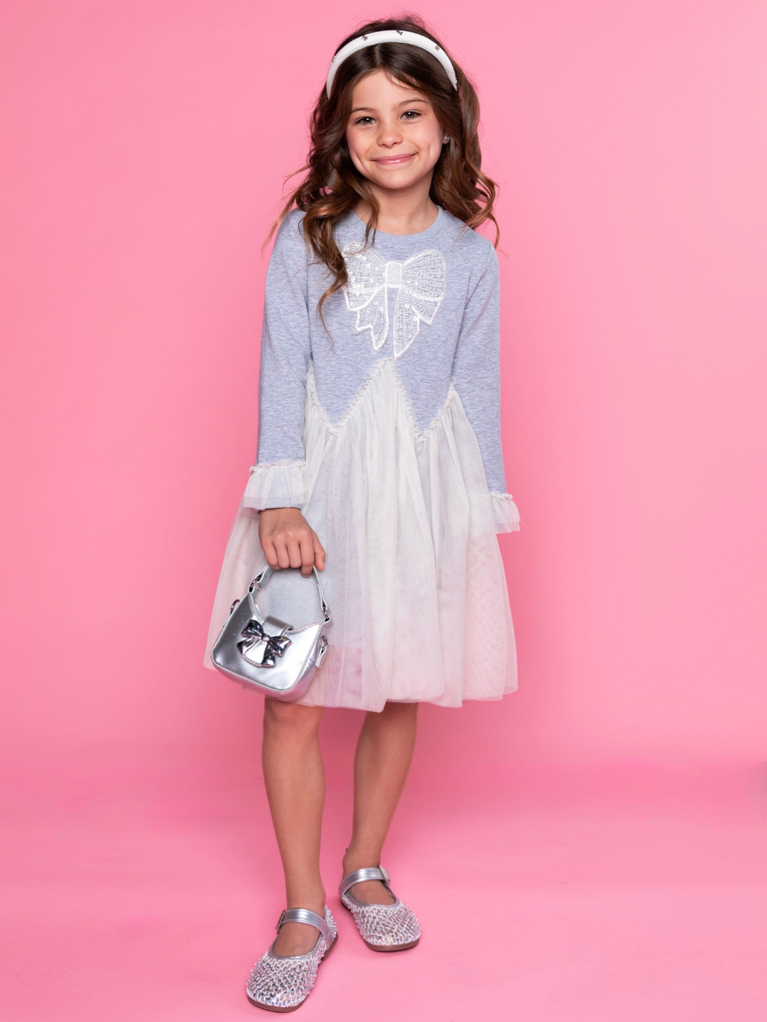 Girls party dress with soft grey bodice and flowing tulle overlay