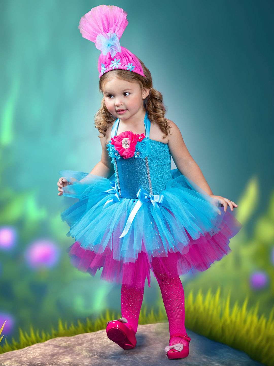 Girls Happy Troll Princess Inspired Costume Dress Turquoise / 4T Girls Happy Troll Princess Inspired Costume Dress Turquoise / 4T