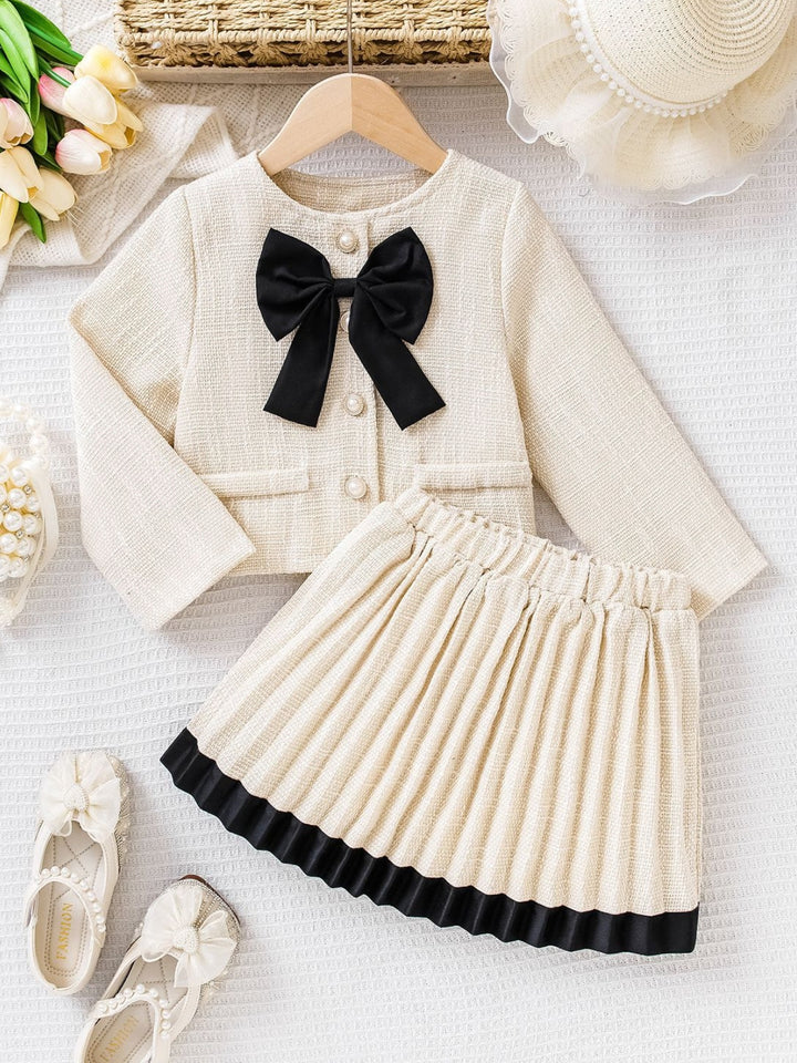 Cream Tweed Bow Jacket & Pleated Skirt Set