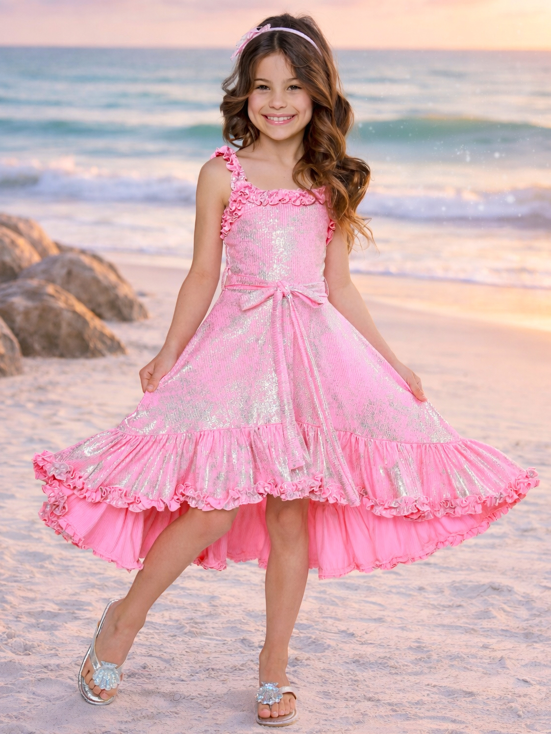 pink shimmer ruffle hi lo dress for girls
