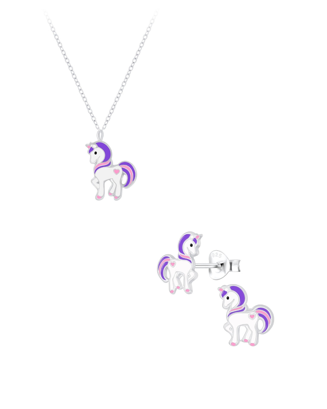 Sterling Silver Purple Unicorn Pendant Necklace and Earring Set