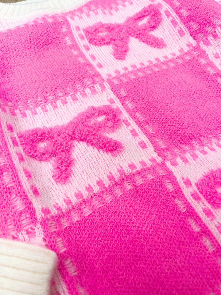 Sweet Bow Pink Checkered Knit Sweater