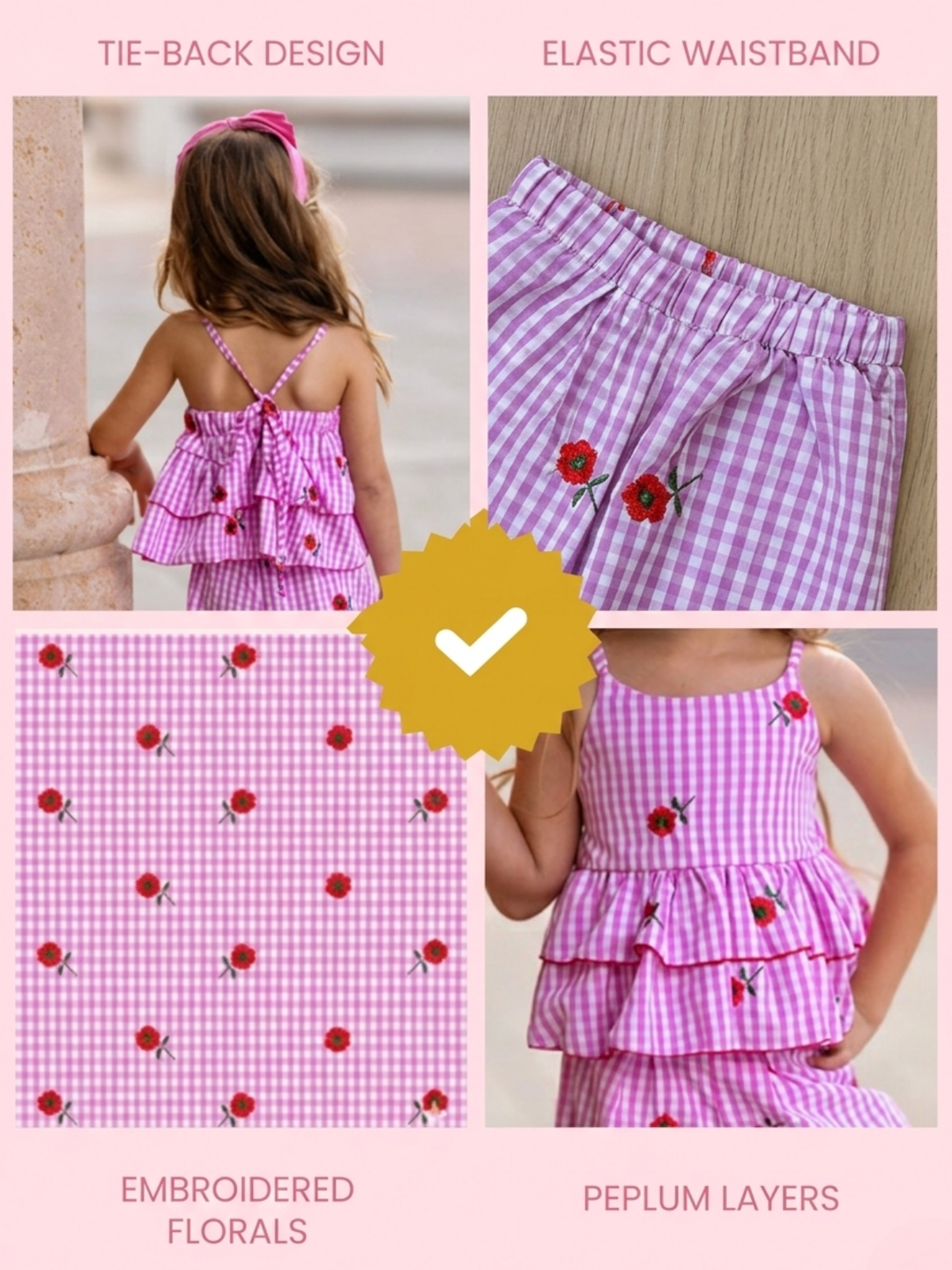 Sweet Bloom Gingham Embroidered Peplum Top and Pants Set Mia Belle Girls