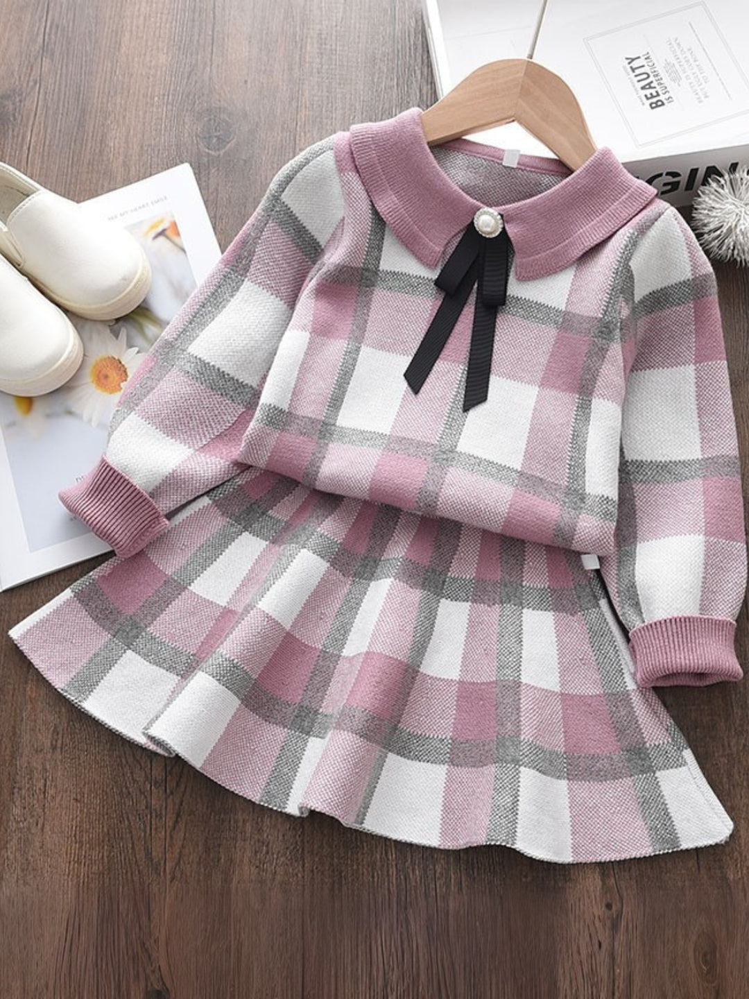 Sweet Plaid Knit Bow Top & Skirt Set