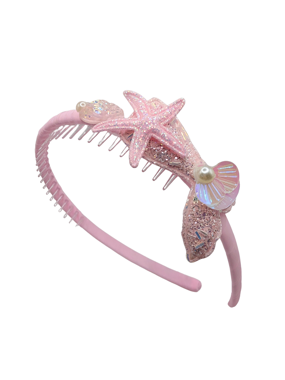 Pink mermaid headband with glitter starfish and shell detail