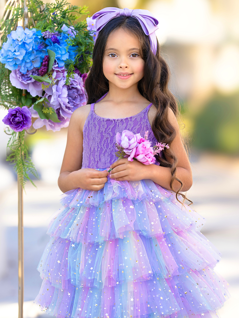 Pastel rainbow layered tulle party dress with lavender lace top for flower girl, church, and spring events