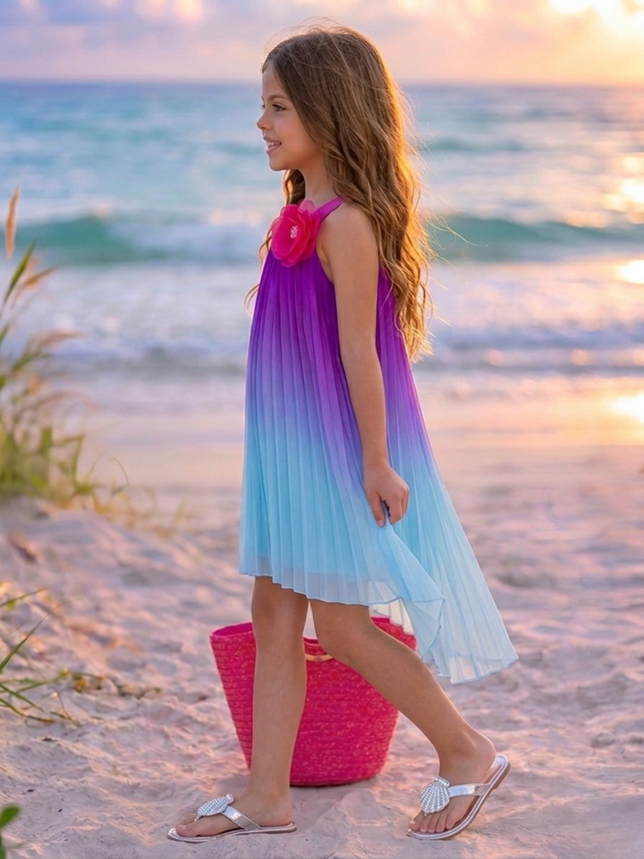 Ocean Sunset Ombre Pleated Hi-Lo Dress Mia Belle Girls