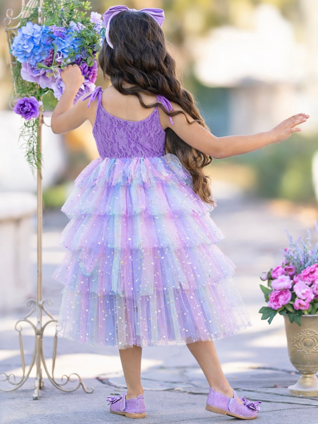 Pastel rainbow layered tulle party dress with lavender lace top for flower girl, church, and spring events