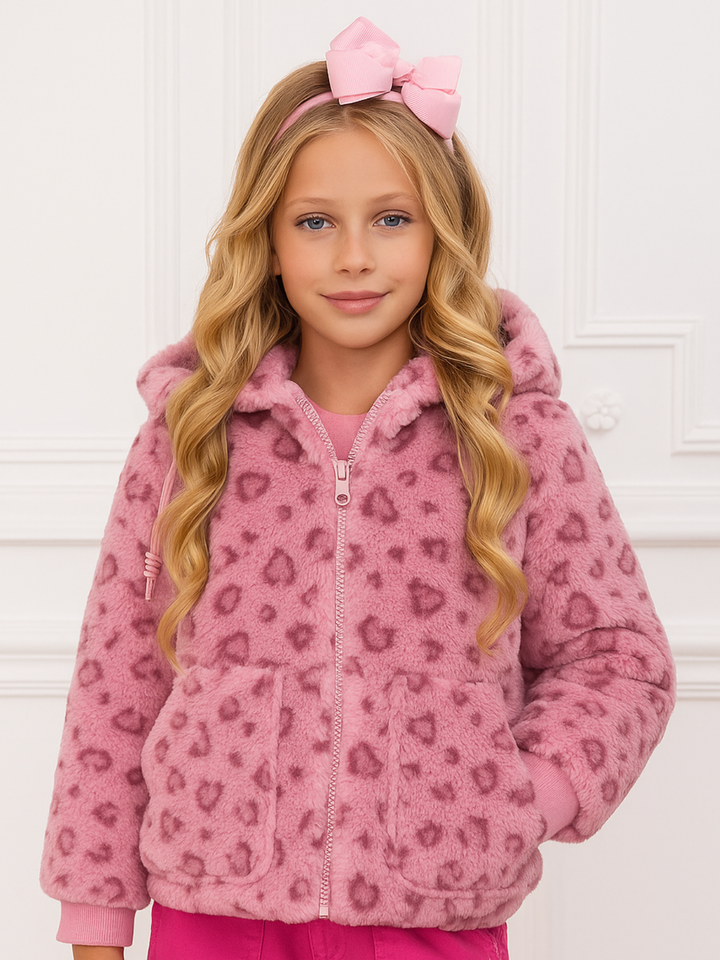 Warm Pink Leopard Hooded Furry Zip-Up Jacket