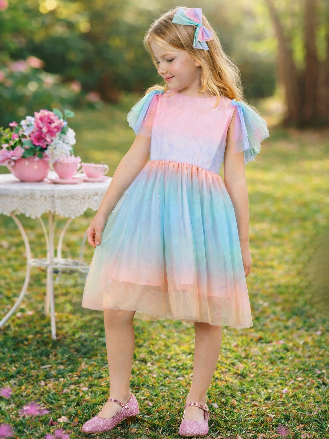 Girls pastel tulle dress with soft rainbow colors and flutter sleeves