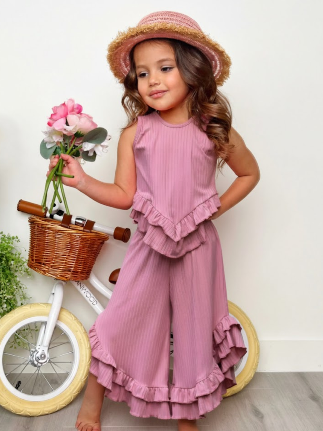 Rosewood Ribbed Ruffle Tank and Pants Set