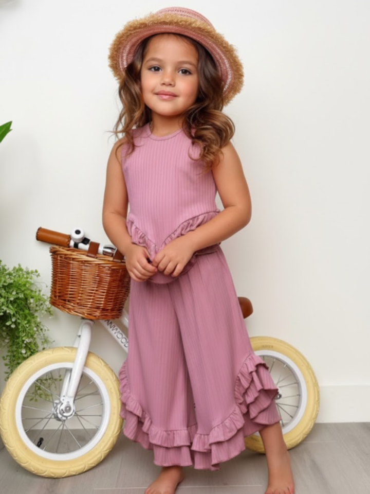 Rosewood Ribbed Ruffle Tank and Pants Set