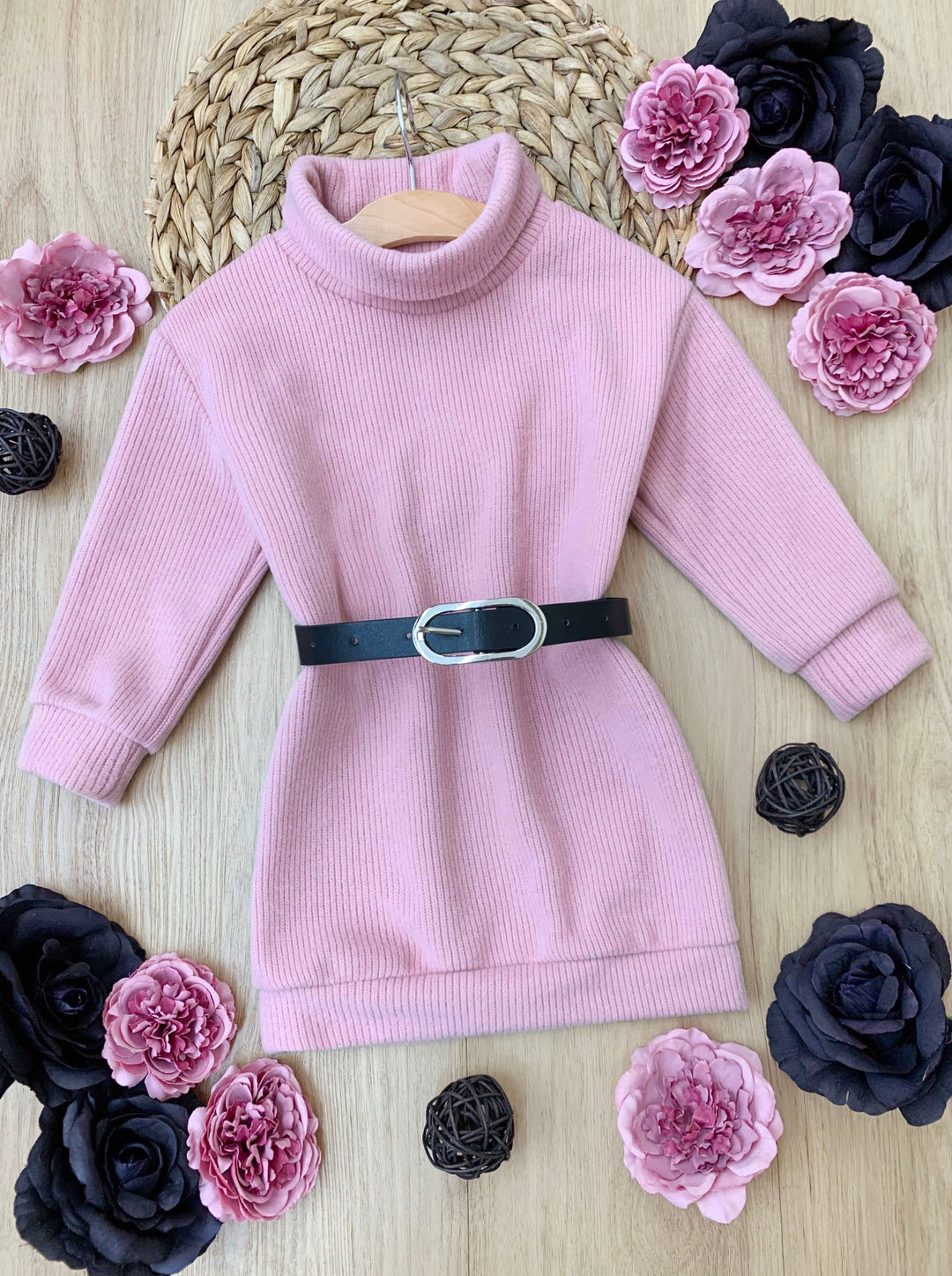 Little Girls Fall Turtleneck Belted Sweater Dress - Mia Belle Girls Little Girls Fall Turtleneck Belted Sweater Dress - Mia Belle Girls