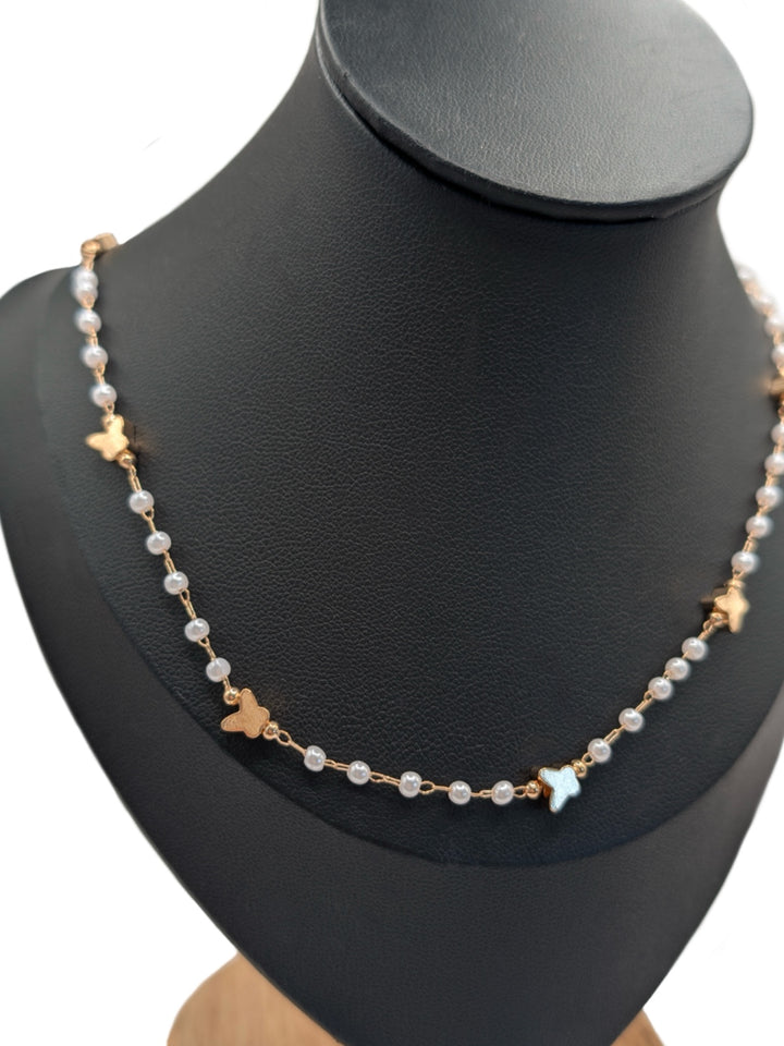 Twinkle Pearl & Gold Butterfly Charm Necklace