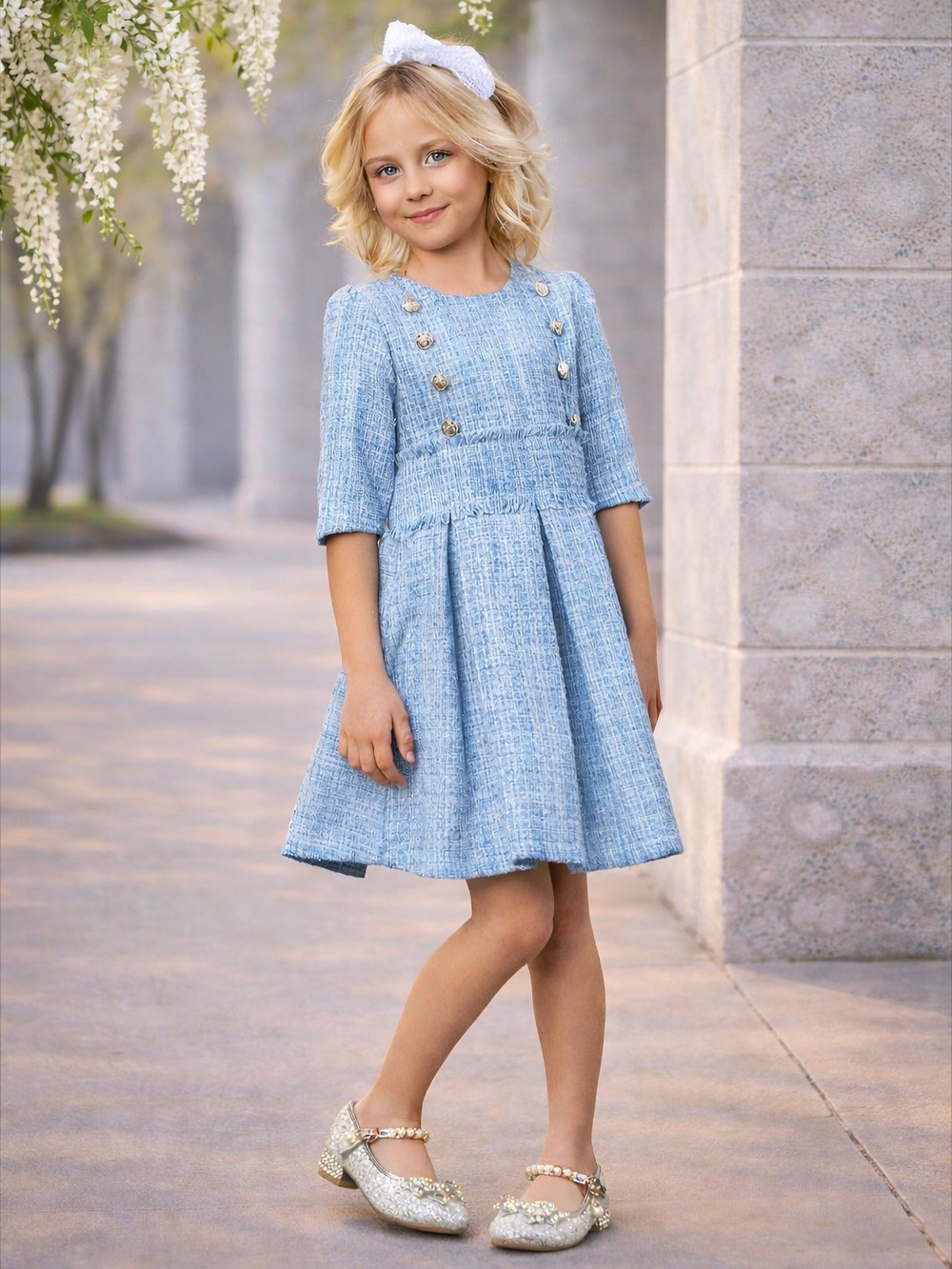 Light blue spring picture dress for girls church outfit