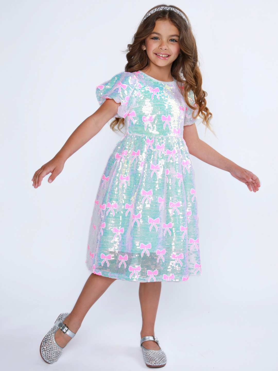 Sweet Sparkle Pink Bow Sequin Puff Sleeve Dress Mia Belle Girls